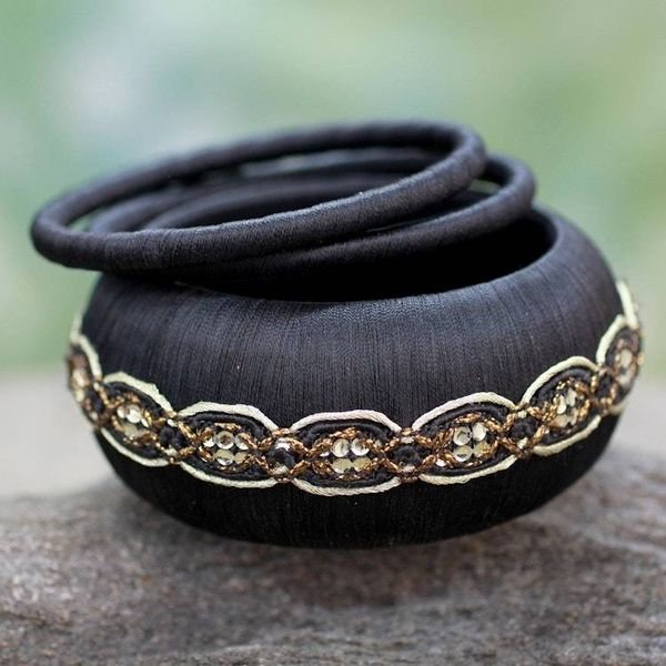 Alternate image for Black Embellished Bangle Bracelets Handmade India Set of 3 Royal Night