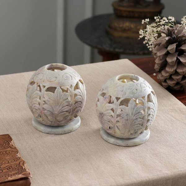 Alternate image for Handcrafted Natural Soapstone Candle Holders Pair Foliage