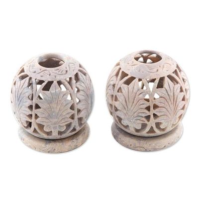 Alternate image for Handcrafted Natural Soapstone Candle Holders Pair Foliage