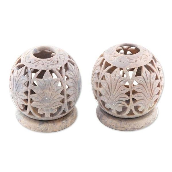 Alternate image for Handcrafted Natural Soapstone Candle Holders Pair Foliage