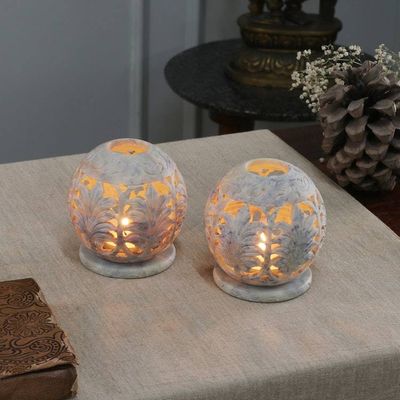 Alternate image for Handcrafted Natural Soapstone Candle Holders Pair Foliage