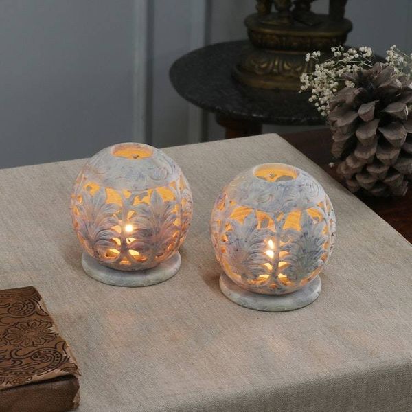 Alternate image for Handcrafted Natural Soapstone Candle Holders Pair Foliage