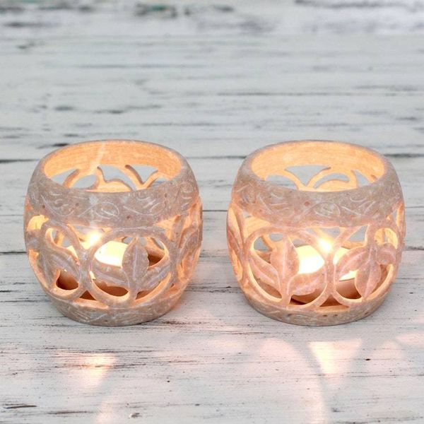 Alternate image for Handcrafted Soapstone Candle Holders Set 2 Fig Leaf
