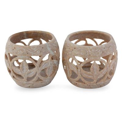 Alternate image for Handcrafted Soapstone Candle Holders Set 2 Fig Leaf