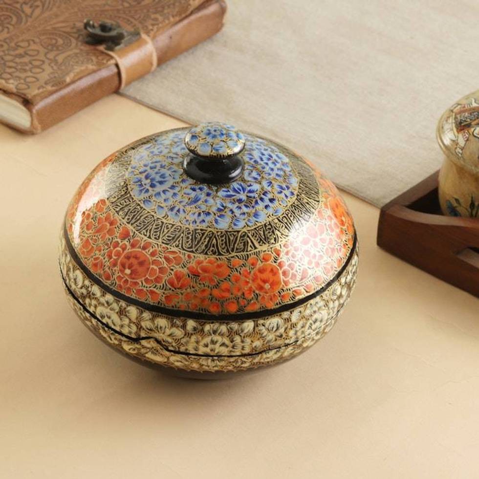 Hand-Painted Night Spring-Themed Papier Pache Decorative Box 'Nocturnal Flora'