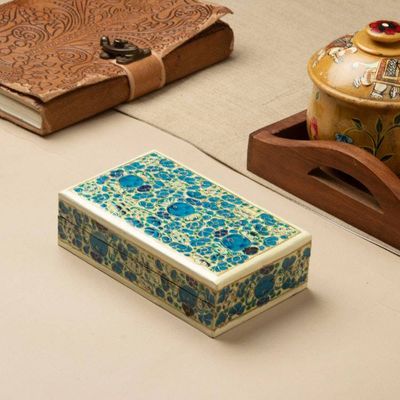 Alternate image for Hazara Floral-Themed Blue Wood Papier Mache Decorative Box Blue Hazara
