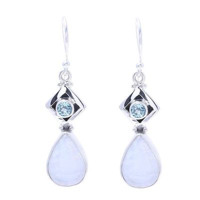 Alternate image for Teardrop Rainbow Moonstone and Blue Topaz Earrings Misty Moods