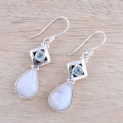Alternate image for Teardrop Rainbow Moonstone and Blue Topaz Earrings Misty Moods
