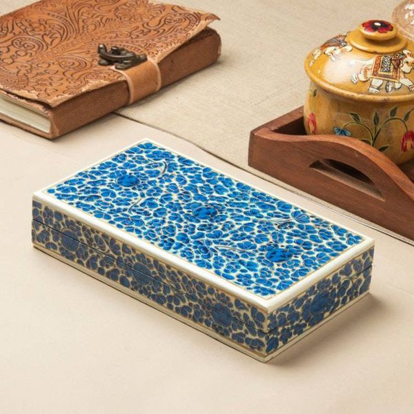 Alternate image for Floral Painted Lacquered Wood Papier Mache Decorative Box Blue Floral Kaleidoscope