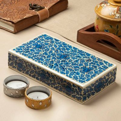 Alternate image for Floral Painted Lacquered Wood Papier Mache Decorative Box Blue Floral Kaleidoscope