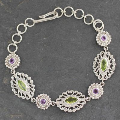 Alternate image for Silver Jali Bracelet with Faceted Peridot and Amethysts Andaman Fern Forest