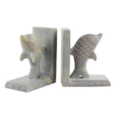 Alternate image for Hand Carved Soapstone Dolphin Bookends Pair Dancing Dolphins