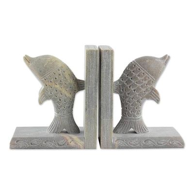 Alternate image for Hand Carved Soapstone Dolphin Bookends Pair Dancing Dolphins