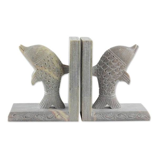 Alternate image for Hand Carved Soapstone Dolphin Bookends Pair Dancing Dolphins