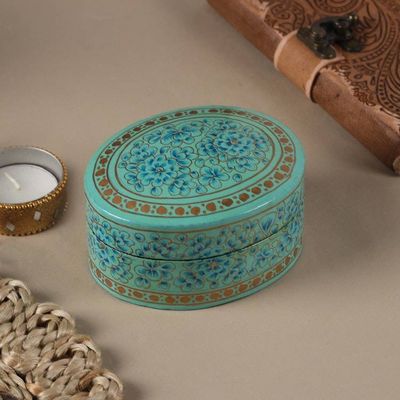 Alternate image for Blue Floral Papier Mache and Wood Oval Decorative Box Blue Blossoms