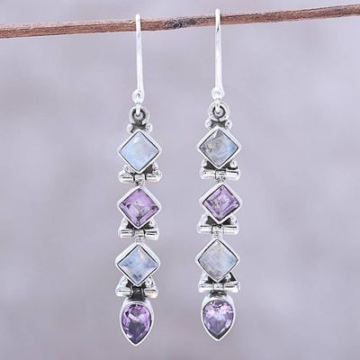 Alternate image for Amethyst and Rainbow Moonstone Dangle Earrings from India Gemstone Fusion