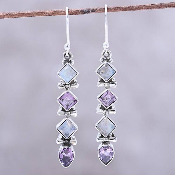 Alternate image for Amethyst and Rainbow Moonstone Dangle Earrings from India Gemstone Fusion
