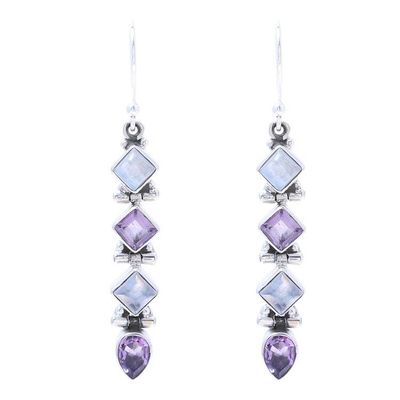 Alternate image for Amethyst and Rainbow Moonstone Dangle Earrings from India Gemstone Fusion