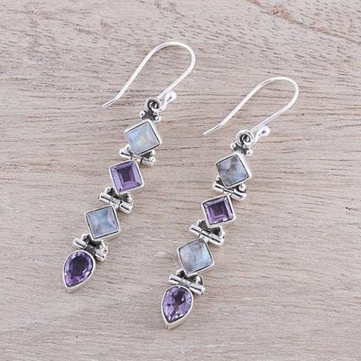 Alternate image for Amethyst and Rainbow Moonstone Dangle Earrings from India Gemstone Fusion