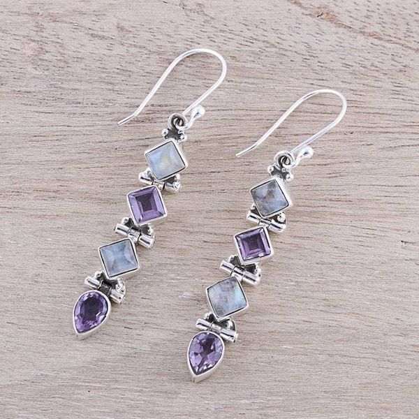 Alternate image for Amethyst and Rainbow Moonstone Dangle Earrings from India Gemstone Fusion