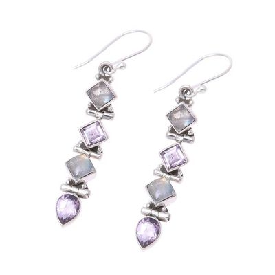 Alternate image for Amethyst and Rainbow Moonstone Dangle Earrings from India Gemstone Fusion