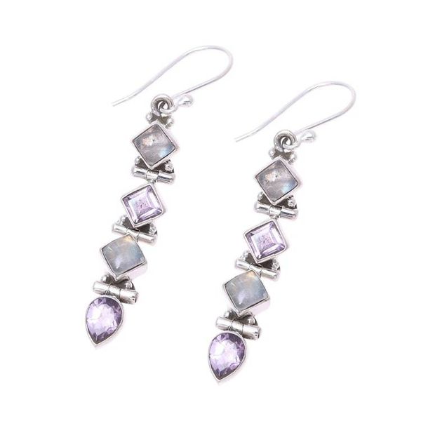 Alternate image for Amethyst and Rainbow Moonstone Dangle Earrings from India Gemstone Fusion