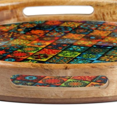 Alternate image for Mandala-Patterned Round Mango Wood Tray Coated in Resin Mosaic of Worlds