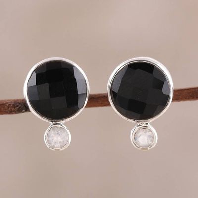 Alternate image for Onyx and Rainbow Moonstone Button Earrings from India Midnight Mist