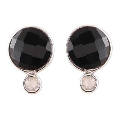 Alternate image for Onyx and Rainbow Moonstone Button Earrings from India Midnight Mist