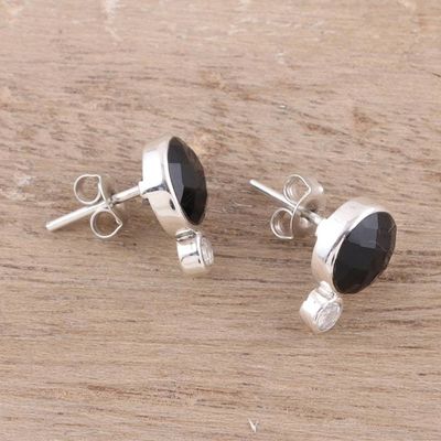Alternate image for Onyx and Rainbow Moonstone Button Earrings from India Midnight Mist
