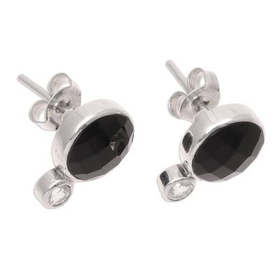 Alternate image for Onyx and Rainbow Moonstone Button Earrings from India Midnight Mist