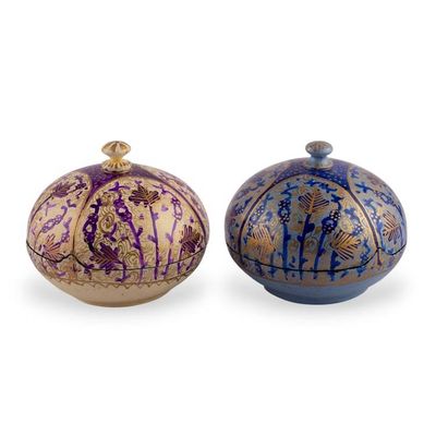 Alternate image for 2 Ivory Blue Hand-Painted Wood Papier Mache Decorative Boxes Ornate Elegance