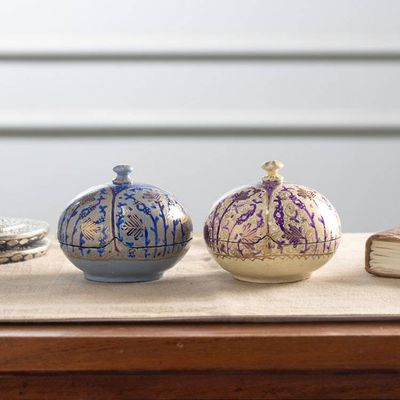 Alternate image for 2 Ivory Blue Hand-Painted Wood Papier Mache Decorative Boxes Ornate Elegance