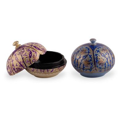 Alternate image for 2 Ivory Blue Hand-Painted Wood Papier Mache Decorative Boxes Ornate Elegance
