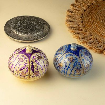 Alternate image for 2 Ivory Blue Hand-Painted Wood Papier Mache Decorative Boxes Ornate Elegance