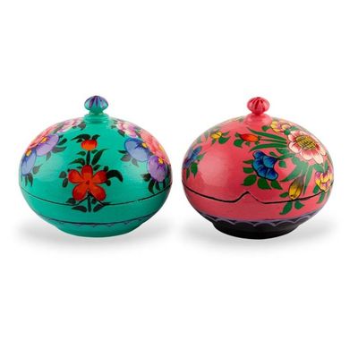 Alternate image for Floral and Leaf Wood Papier Mache Decorative Boxes Pair Vibrant Blossoms