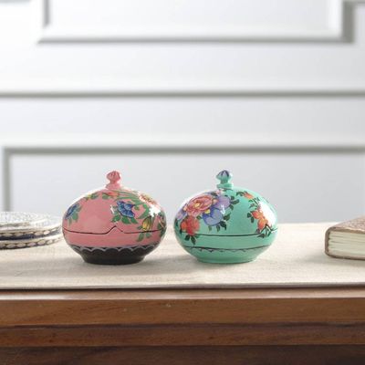 Alternate image for Floral and Leaf Wood Papier Mache Decorative Boxes Pair Vibrant Blossoms