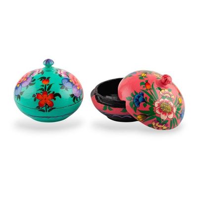 Alternate image for Floral and Leaf Wood Papier Mache Decorative Boxes Pair Vibrant Blossoms