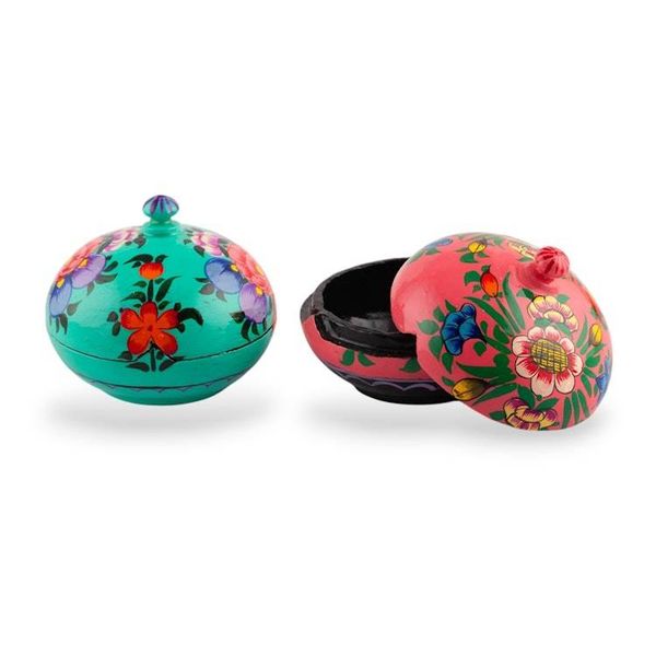 Alternate image for Floral and Leaf Wood Papier Mache Decorative Boxes Pair Vibrant Blossoms