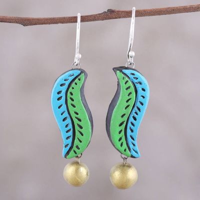 Primary image for Handcrafted Blue and Green Ceramic Leaf Dangle Earrings Sea Leaves