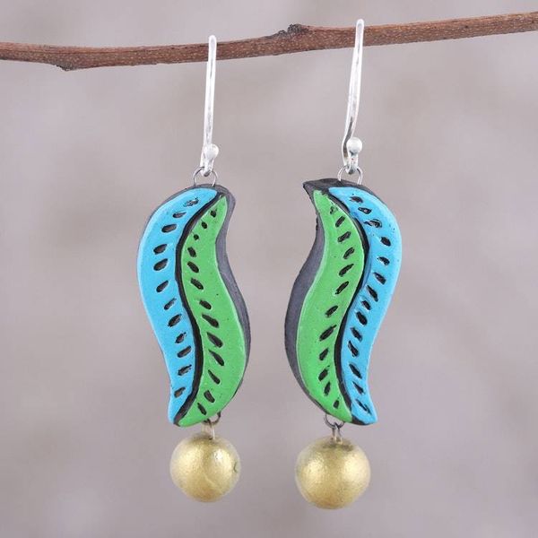 Alternate image for Handcrafted Blue and Green Ceramic Leaf Dangle Earrings Sea Leaves