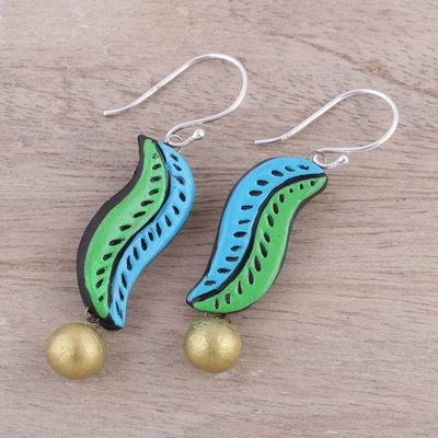 Alternate image for Handcrafted Blue and Green Ceramic Leaf Dangle Earrings Sea Leaves