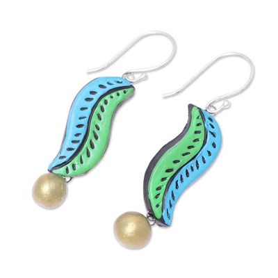 Alternate image for Handcrafted Blue and Green Ceramic Leaf Dangle Earrings Sea Leaves
