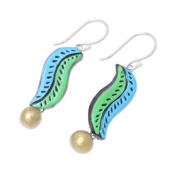 Alternate image for Handcrafted Blue and Green Ceramic Leaf Dangle Earrings Sea Leaves