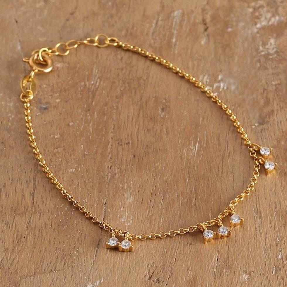 Gold-Polished Sterling Silver and Cubic Zirconia Bracelet 'Days of Glory'