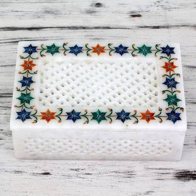 Primary image for Jasmine Motif Marble Inlay Jewelry Box from India Jasmine Petals