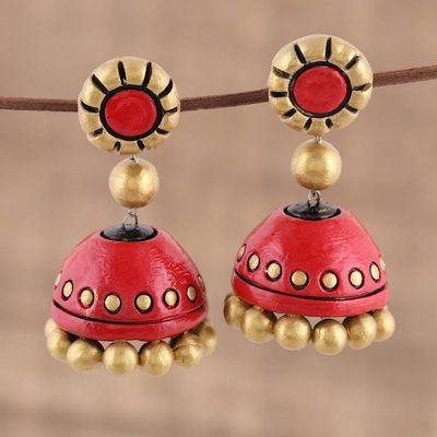Primary image for Red and Gold Ceramic Dangle Earrings Crafted in India Golden Passion