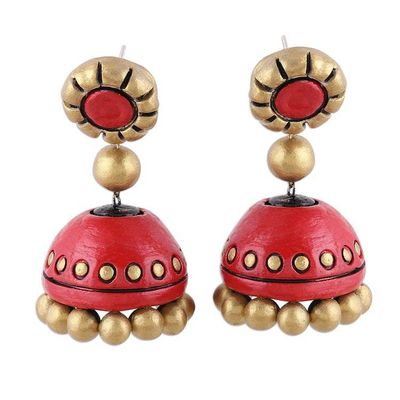 Alternate image for Red and Gold Ceramic Dangle Earrings Crafted in India Golden Passion