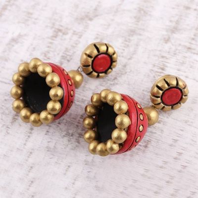 Alternate image for Red and Gold Ceramic Dangle Earrings Crafted in India Golden Passion
