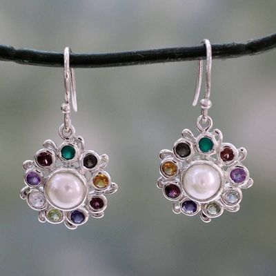 Alternate image for Silver Earrings Handcrafted with Cultured Pearl and Gems Rainbow Halo